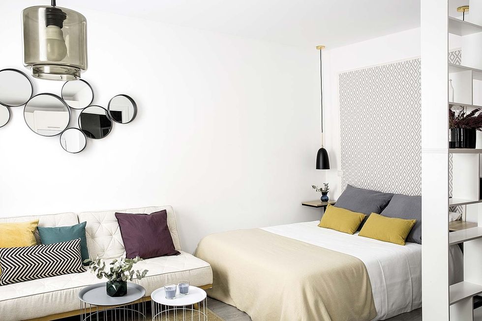 Room, White, Furniture, Bedroom, Wall, Interior design, Wallpaper, Yellow, Bed, Ceiling, 