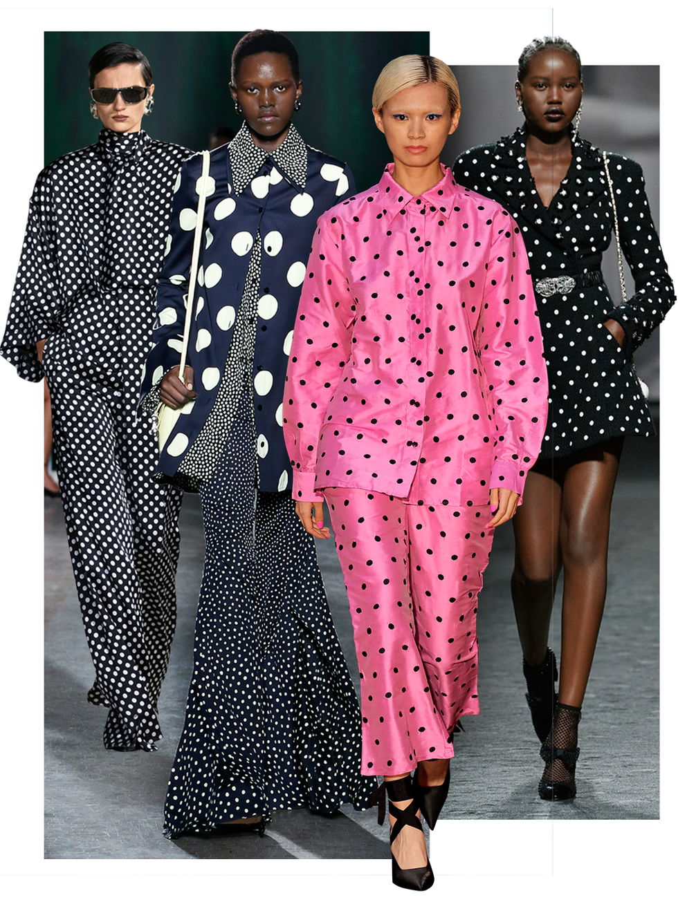 a collage of models wearing polka dot clothing in a guide to spring clothing 2023