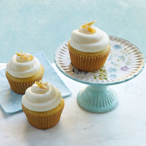 double lemon cupcakes on cake stand