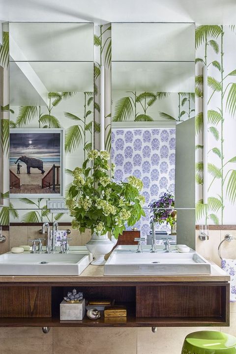 Green, Room, Interior design, Wall, Bathroom, Tile, Wallpaper, Furniture, Floor, House, 