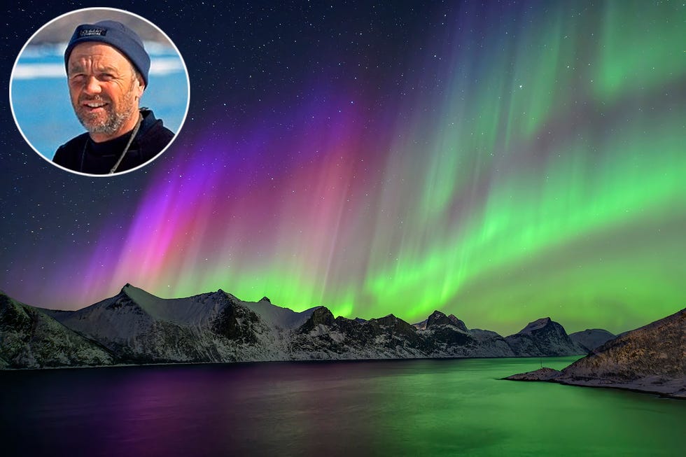 norway, troms og finnmark, green and purple northern lights over mefjord