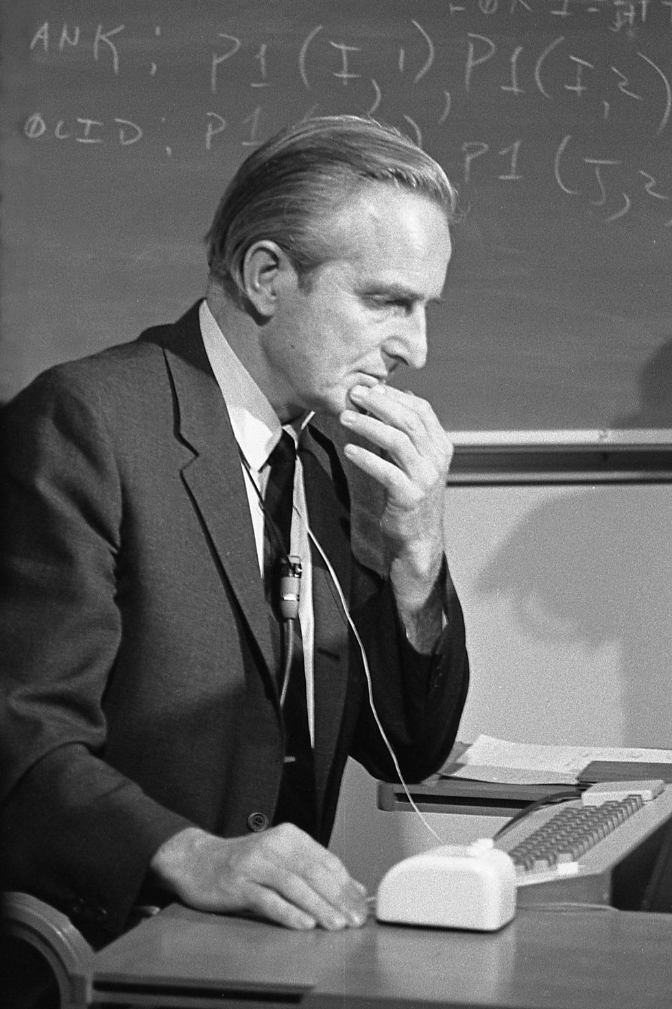 douglas c engelbart, american engineer, inventor of the computer mouse in 1963, here at presentation of prototype on december 9, 1968