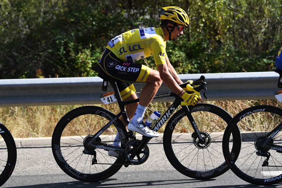sisteron, france   august 31 julian alaphilippe of france and team deceuninck   quick step yellow leader jersey  during the 107th tour de france 2020, stage 3 a 198km stage from nice to sisteron 488m  tdf2020  letour  on august 31, 2020 in sisteron, france photo by tim de waelegetty images