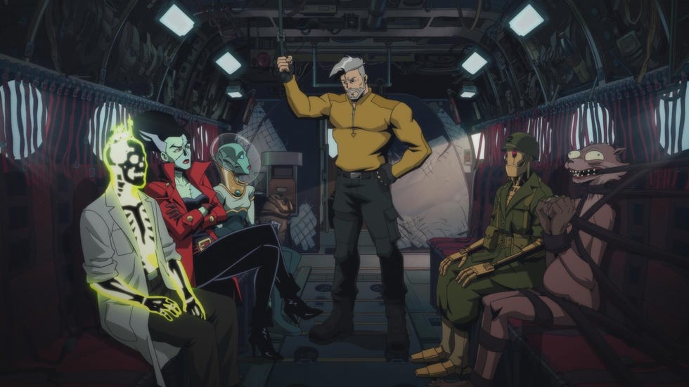 characters in an animated scene inside a military vehicle