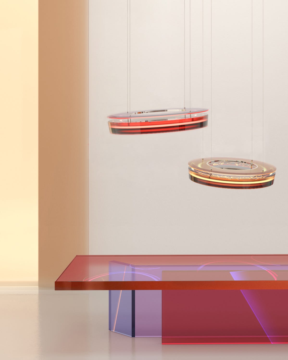 Phebe lights Draga & Aurel at Rossana Orlandi perspex disc shaped pendant lights above a perspex table