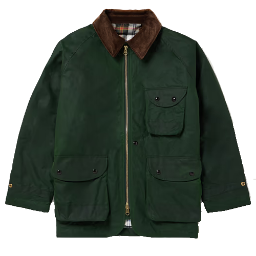 a green jacket with a brown collar
