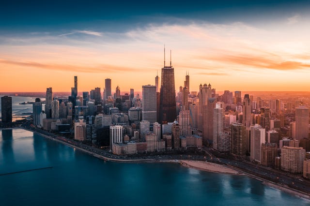 dramatic sunset in downtown chicago