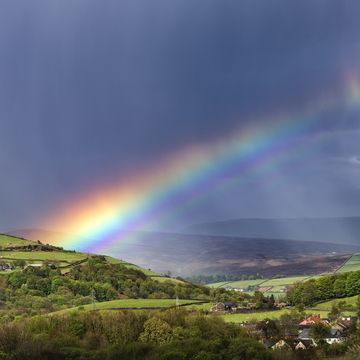dramatic weather with rainbows and hail over the derbyshire peak district