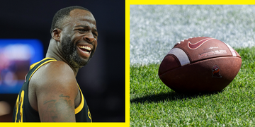 an athlete in a sports jersey next to a football on green grass