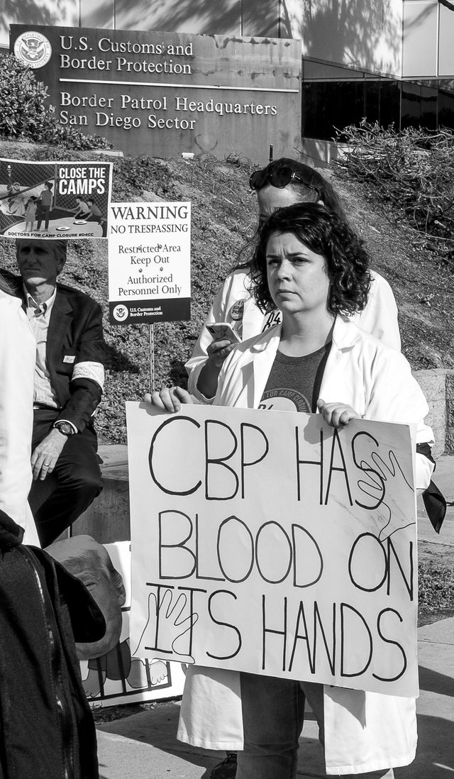 dr bonnie arzuaga protesting at the us customs and border protection border parol headquarters in san diego