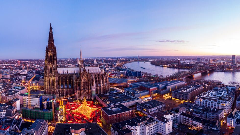 cologne germany christmas market, aerial drone view over cologne rhine river germany europe