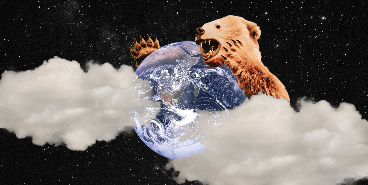 a bear stands over the planet earth, with clouds and stars surrounding both