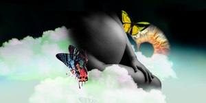 a pregnant silhouette in a cloud with butterflies