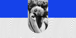 a black and white photo of a woman lying on a pillow over an abstract background of solid blue with black and white squiggles