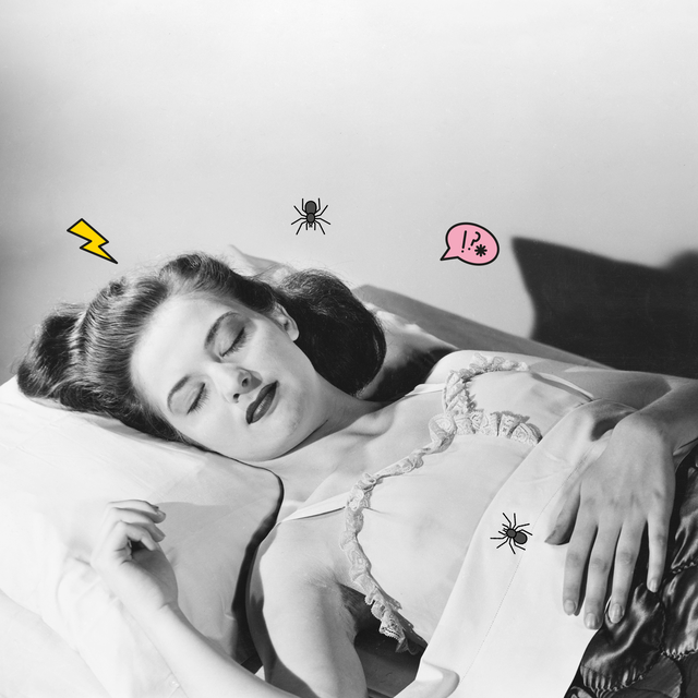 vintage photo of woman sleeping in bed with spider, lightning bolt, and speech bubble icons around her