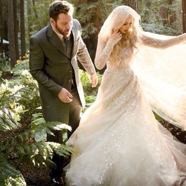 Wedding dress, Gown, Dress, Bridal clothing, Photograph, Bride, Clothing, Bridal party dress, Formal wear, Romance, 