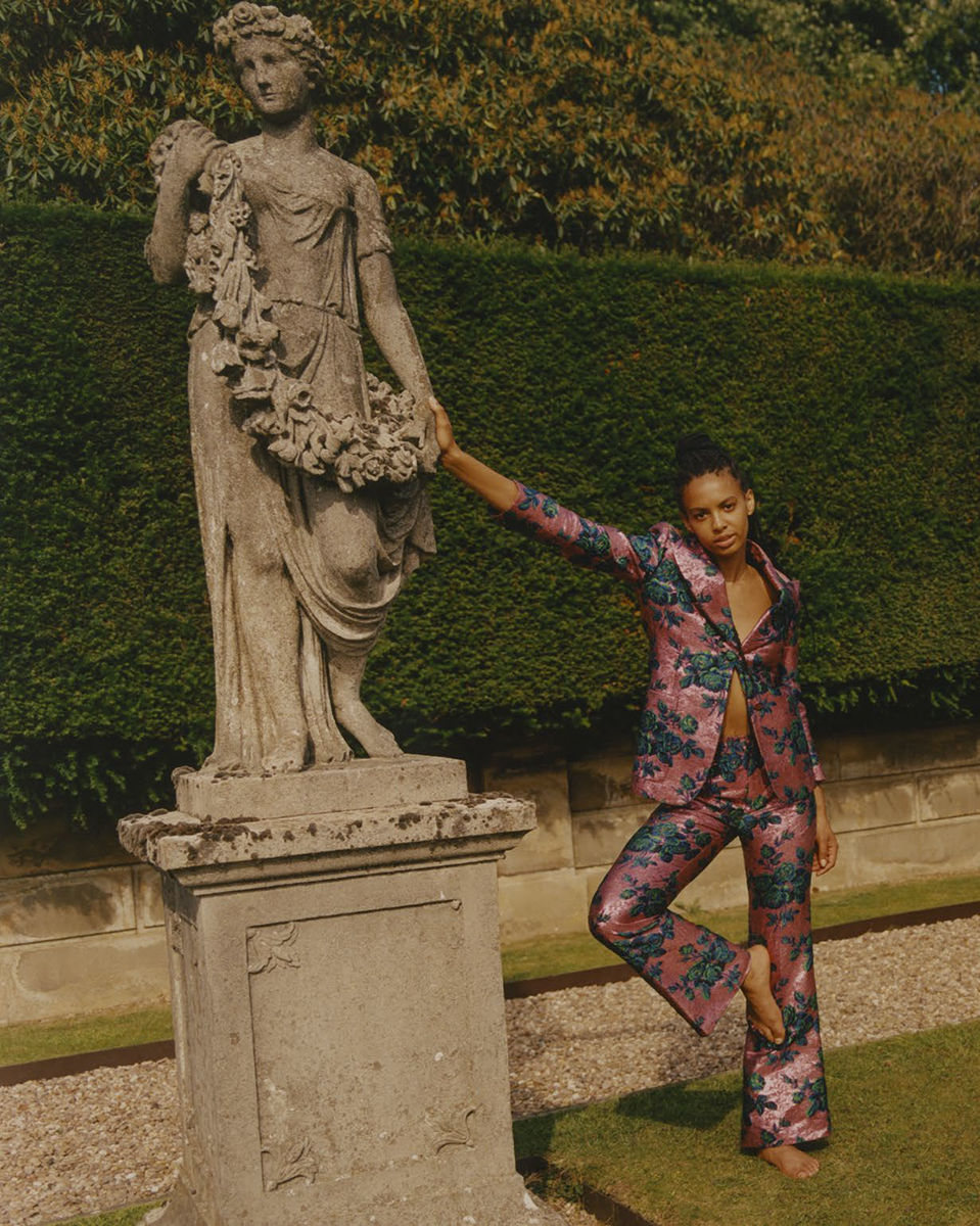 pink and green floral print jacquard suit by gucci, available to rent at my wardrobe hq