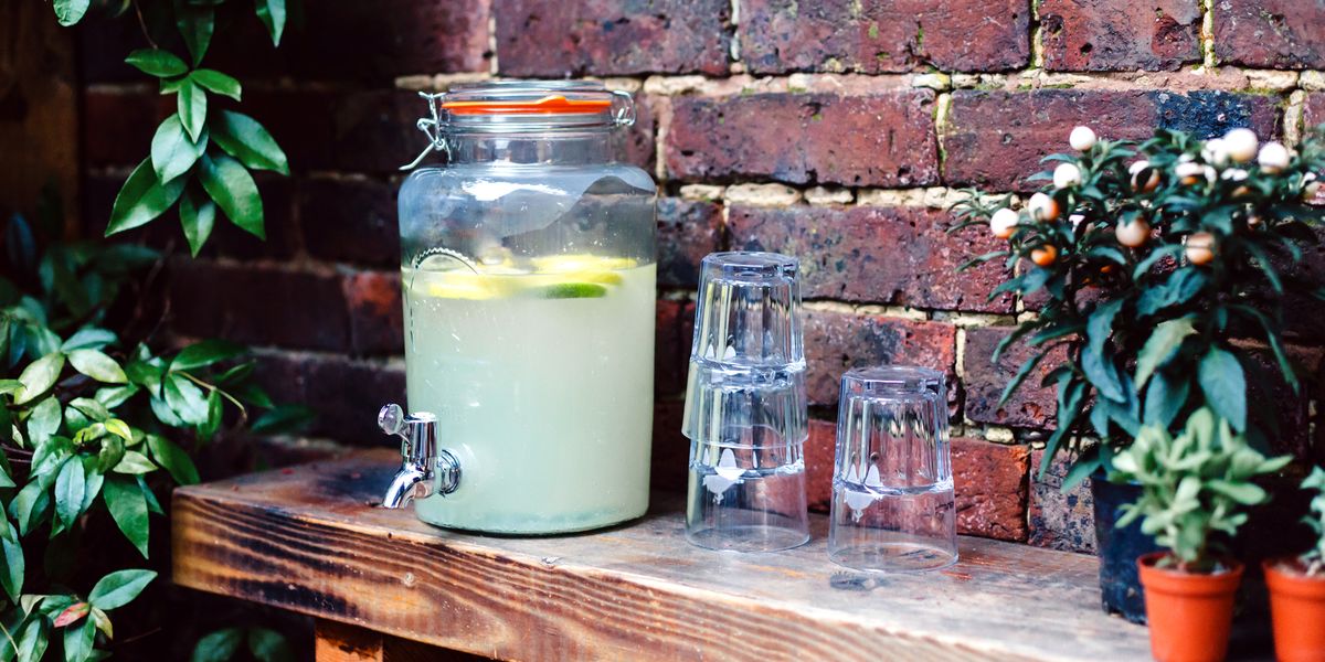lemonade drink dispenser on shelf with glasses and plants