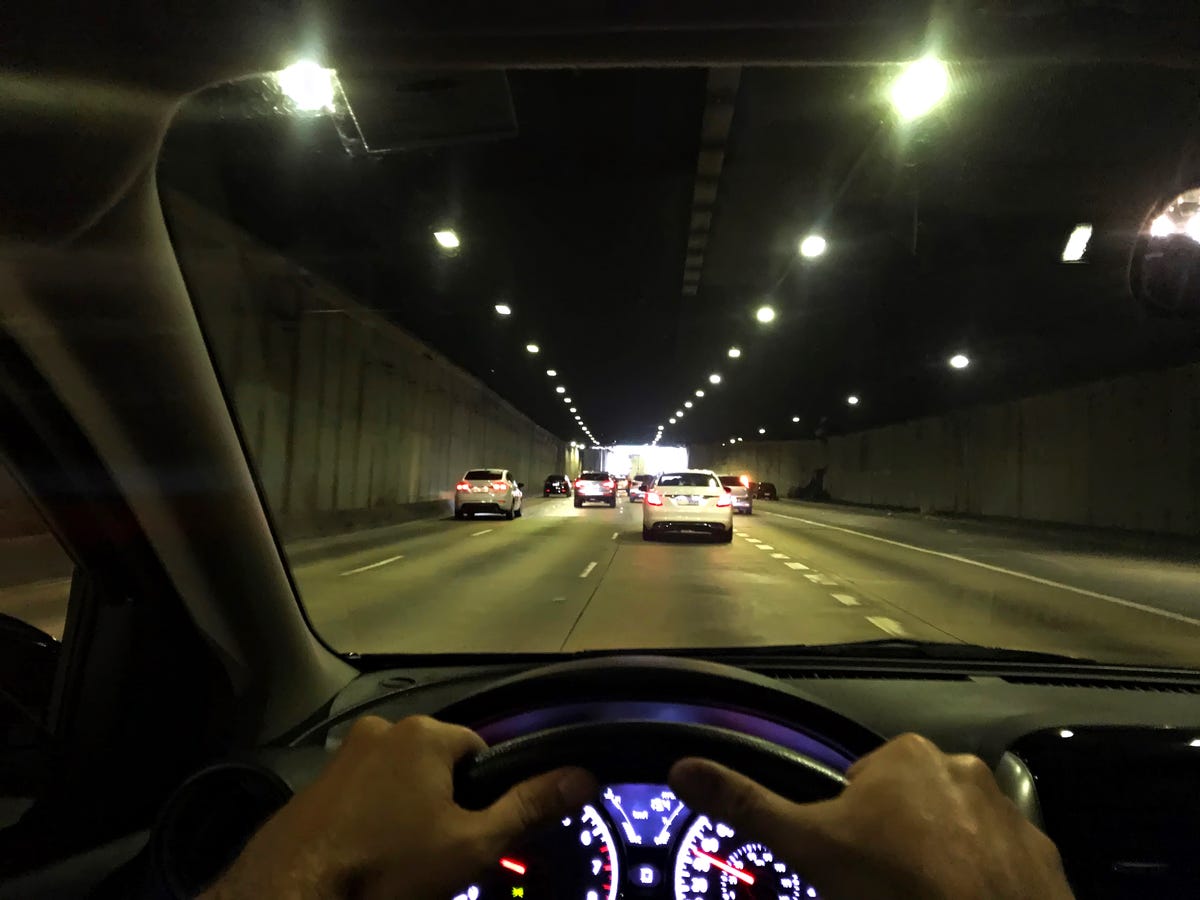 Driving at night. View from inside a car driving at night. sharp