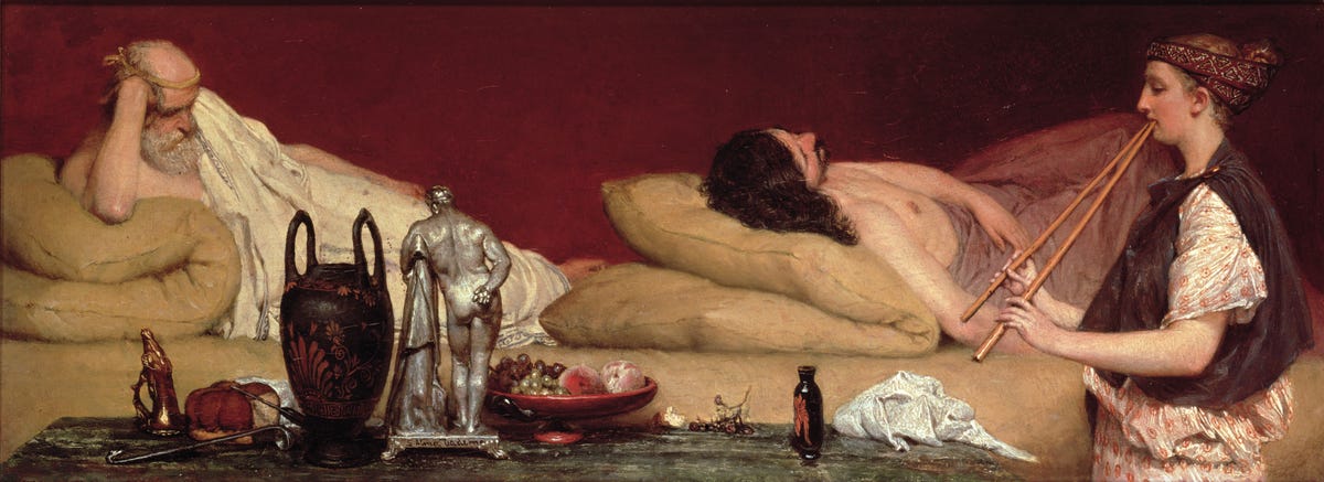 Een gast op een Grieks feest of banket rust bij de muziek van een fluitist Olieverfschilderij van Laurens Alma Tadema uit 1868 Prado Museum