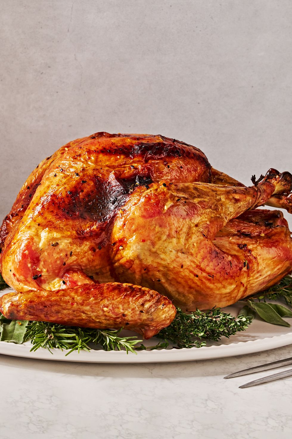 dry brine full turkey sitting on a white platter on top of fresh herbs
