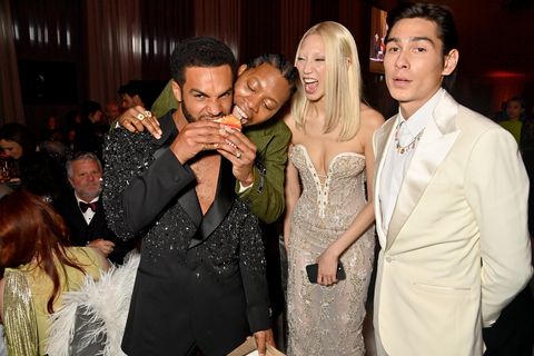 west hollywood, california march 12 lucien laviscount, jeremy o harris, soo joo park, and evan mock attend the elton john aids foundations 31st annual academy awards viewing party on march 12, 2023 in west hollywood, california photo by david m benettgetty images for elton john aids foundation
