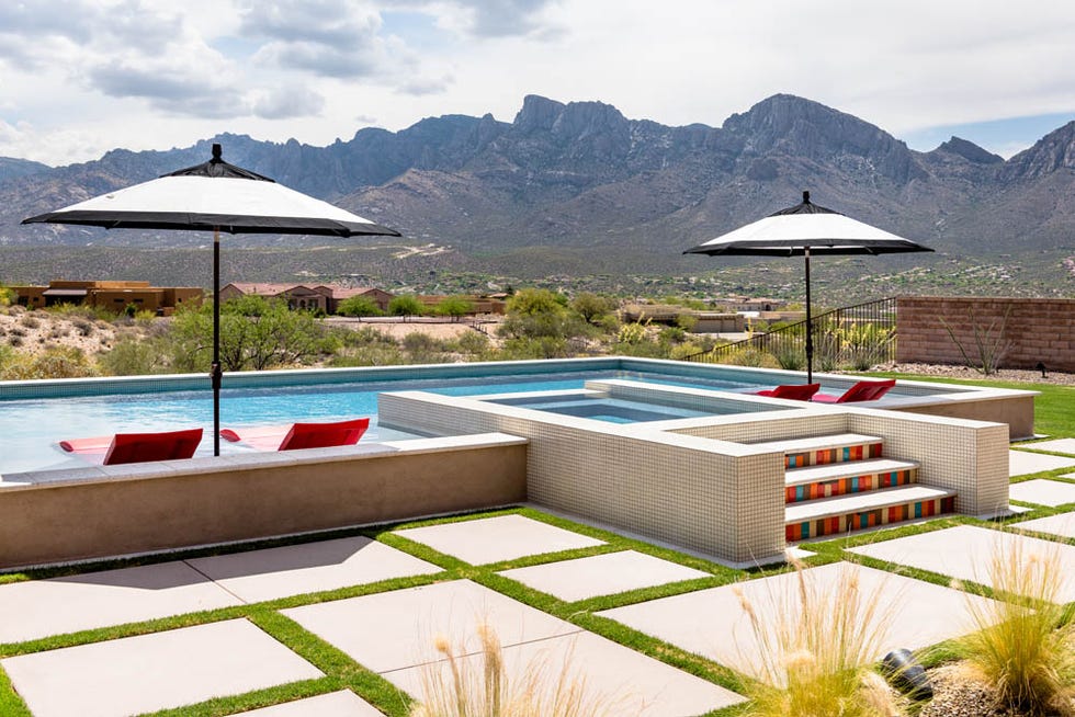 a pool with umbrellas and chairs by it