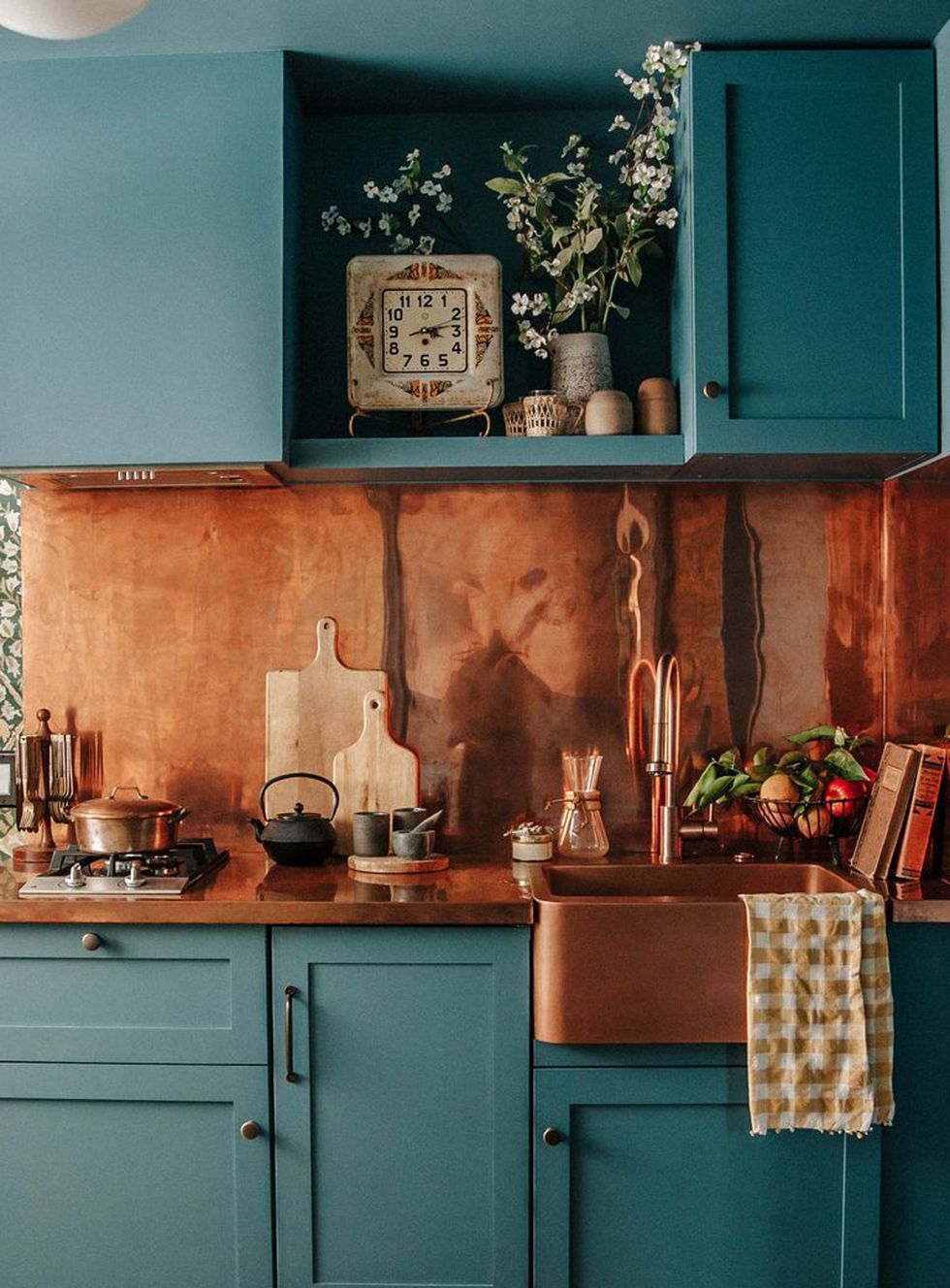 kitchen, copper faucet, green cabinets, copper tub