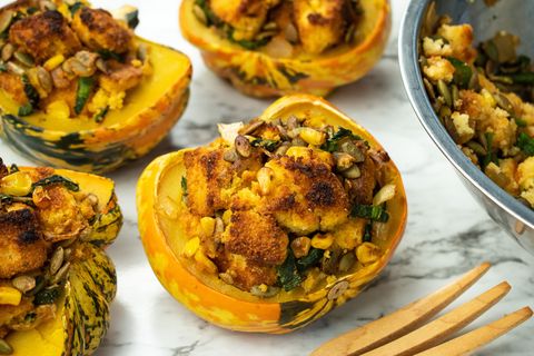 roasted carnival squash with cornbread stuffing