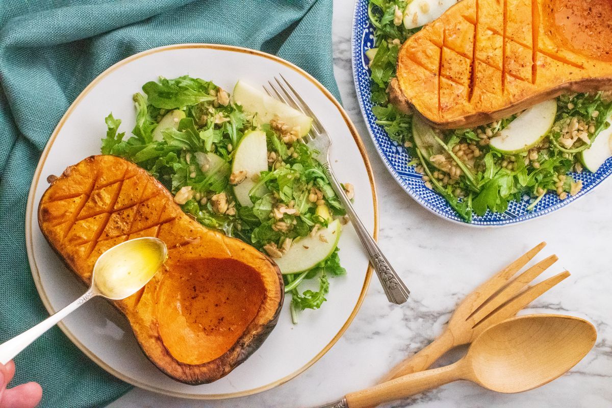 blistered butternut squash with apple and wheat berry salad