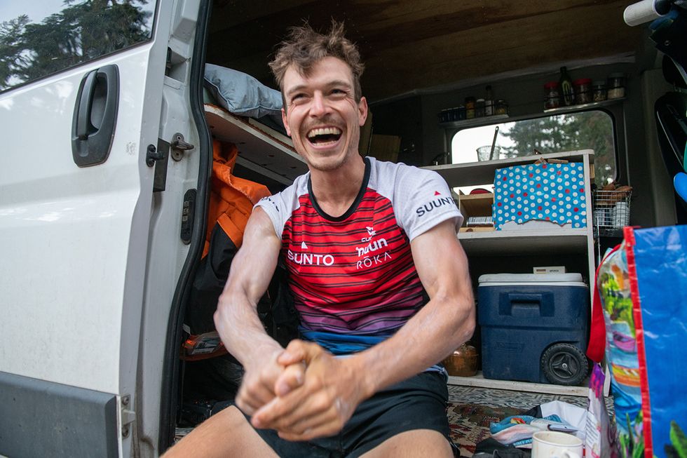 kyle curtin in his van after his tahoe rim trail fkt attempt