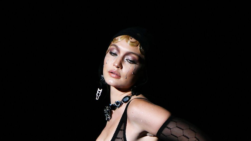 Gigi Hadid Paired Pearl Stacks with a Bra for Fenty x Savage