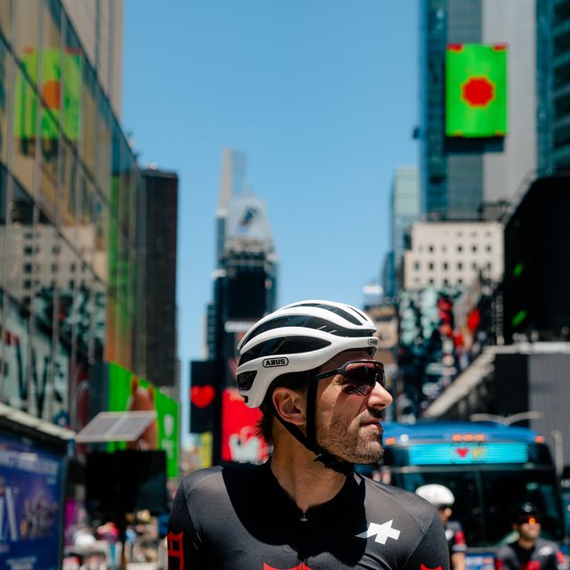 fabian cancellara on his bike in new york city with tudor jersey