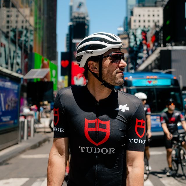 fabian cancellara on his bike in new york city with tudor jersey