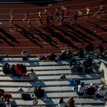 seen from above a group of runners on a track cast long shadows