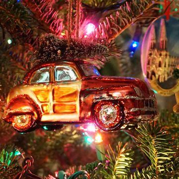 Vintage car with tree Christmas ornament