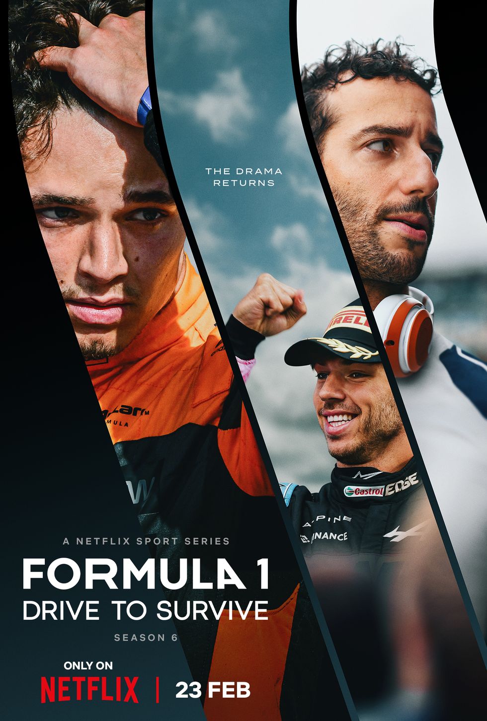 formula 1 drive to survive season 6 poster featuring lando norris, pierre gasly and daniel ricciardo