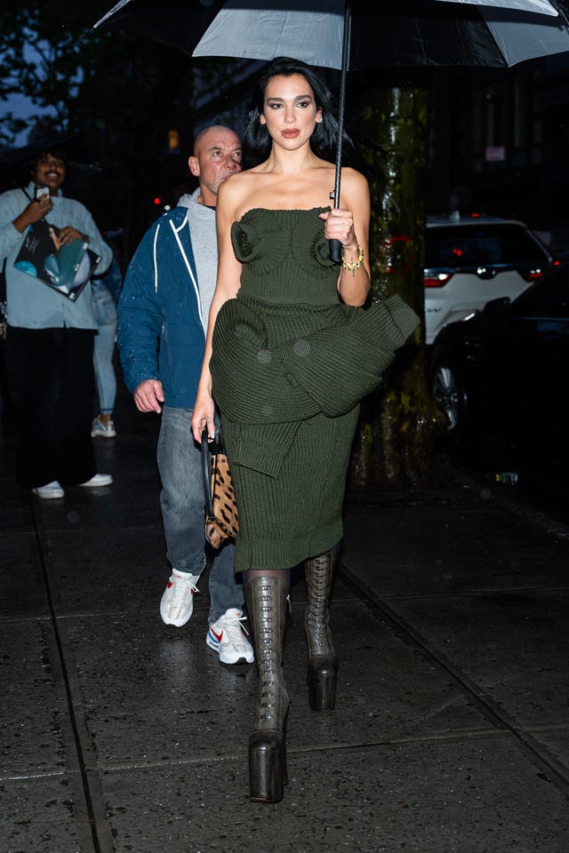 Dua Lipa Wore a Knotted Green Sweater Dress for Pre-Met Gala Dinner