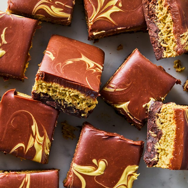 brownies topped with dubai chocolate bar inspired ingredients