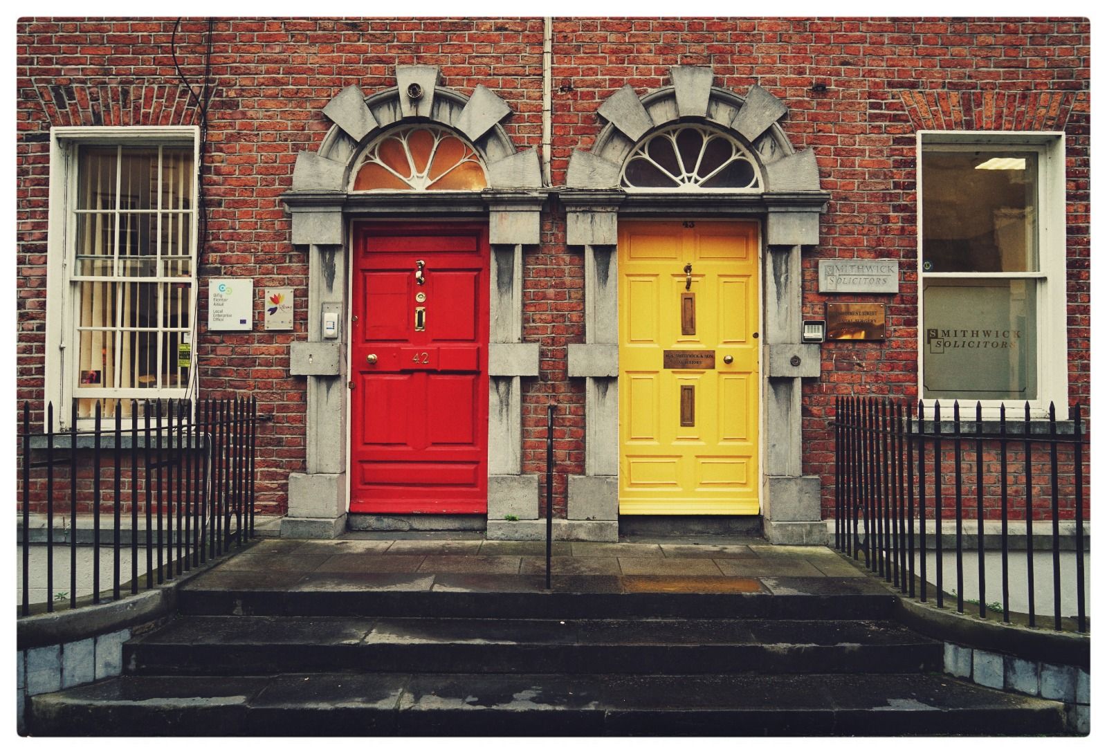 Red, Property, Architecture, Building, Door, Facade, House, Text, Yellow, Town, 