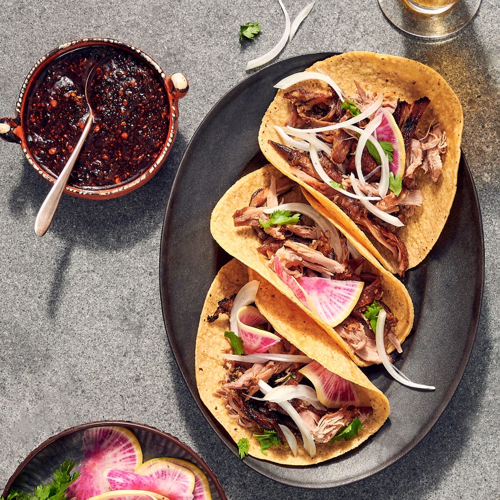 duck carnitas tacos with salsa macha