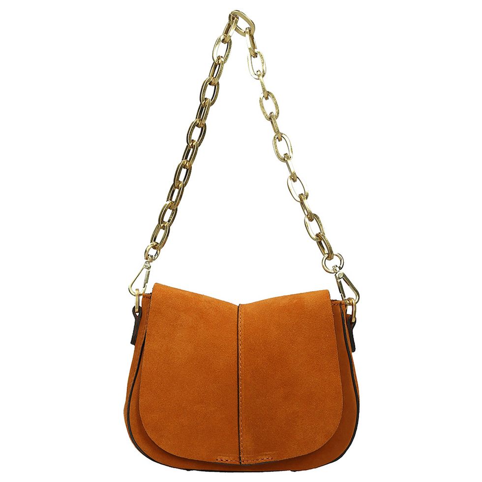 Bag, Handbag, Shoulder bag, Tan, Brown, Leather, Fashion accessory, Orange, Chain, Material property, 