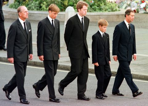 The Duke of Edinburgh, Prince William, Earl Spencer, Prince Harry and Prince Charles walk behind Diana's coffin ​at the funeral in 1997