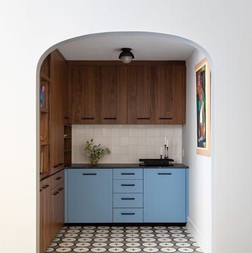 small kitchen with blue and wood cabinets small kitchen with blue and wood cabinets