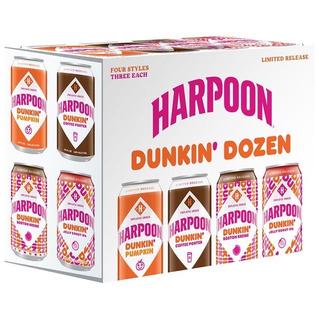 dunkin' and harpoon pumpkin, boston kreme, jelly donut, and coffee porter beers