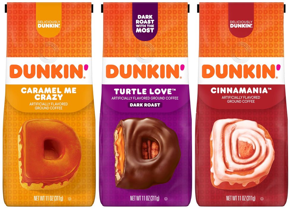dunkin' at home caramel me crazy, turtle love, and cinnamania coffees