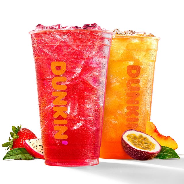 dunkin' refreshers in strawberry dragonfruit and peach passion fruit flavors
