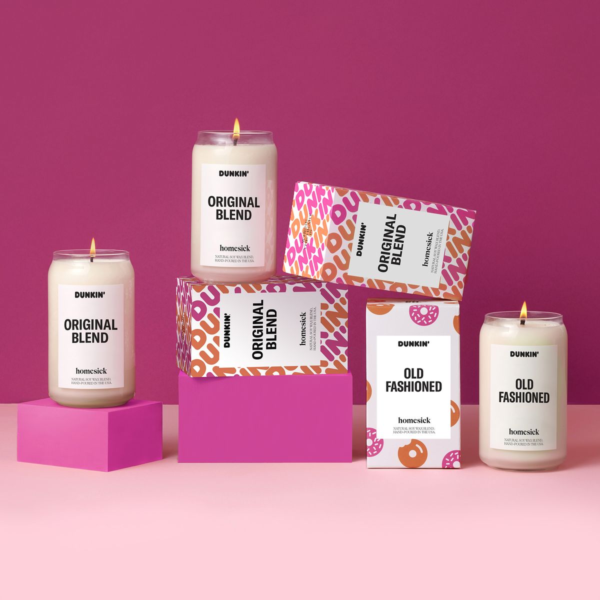 dunkin x homesick candles original blend and old fashioned scents with orange and pink packaging