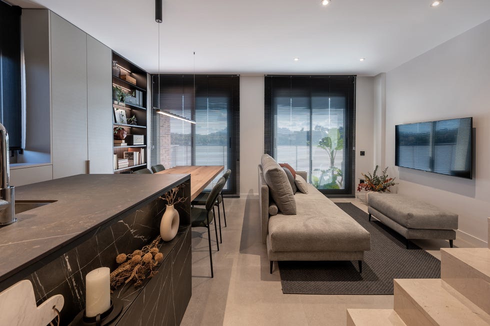 salón comedor de diseño moderno en gris y madera