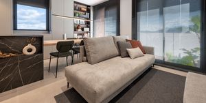 salón comedor de diseño moderno en gris y madera